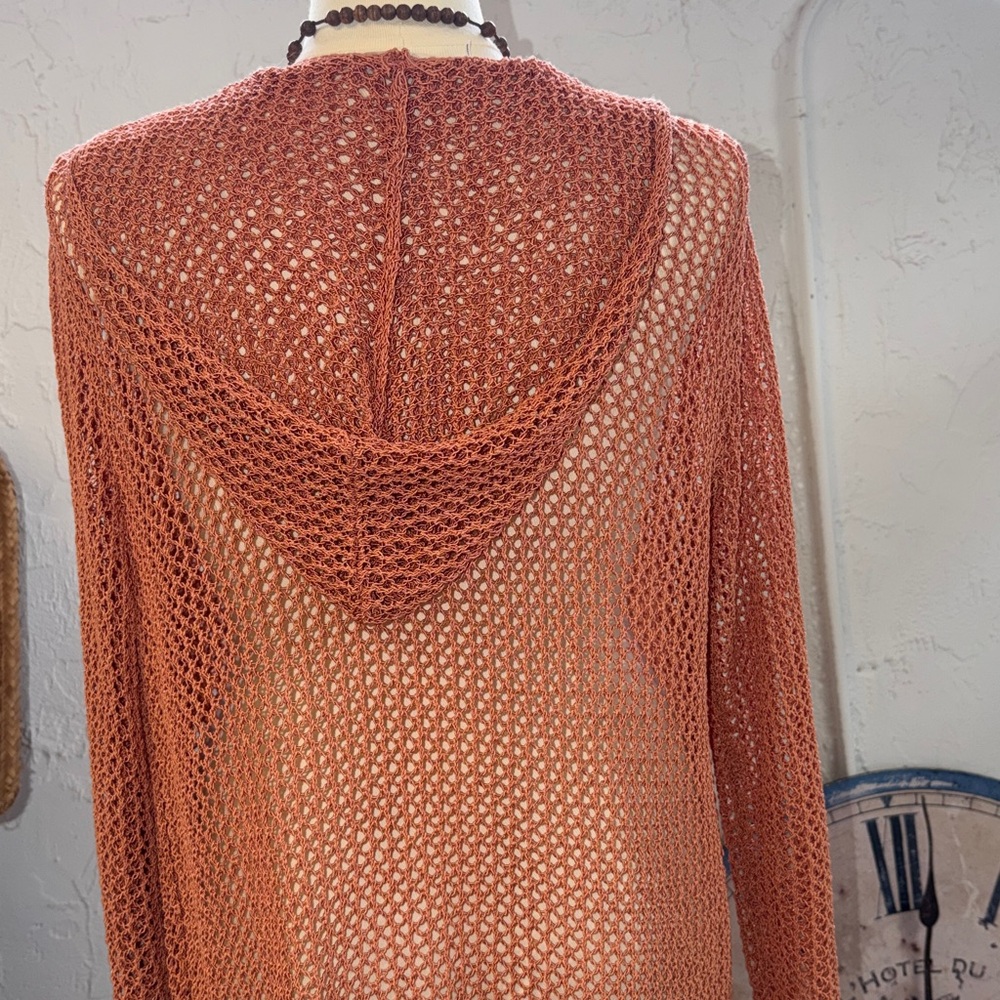 ELAN Crochet Bronze Copper Open Front‎ Hooded Duster Cardigan Jacket Cover-up L - Picture 8 of 10